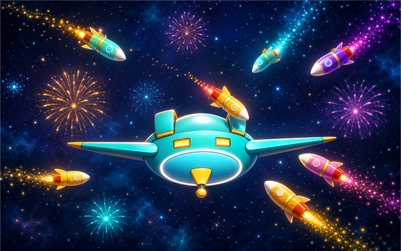 Colorful rockets and fireworks surrounding a turquoise spaceship