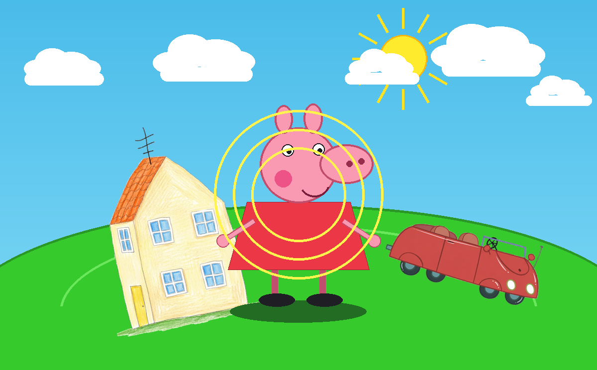 Peppa Pig standing on a green hill with a house, car, sun, and clouds