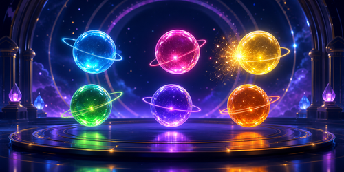 Six colorful luminescent orbs floating above an ethereal reflective platform