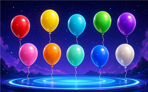 Ten colorful balloons floating above a luminous 3D platform
